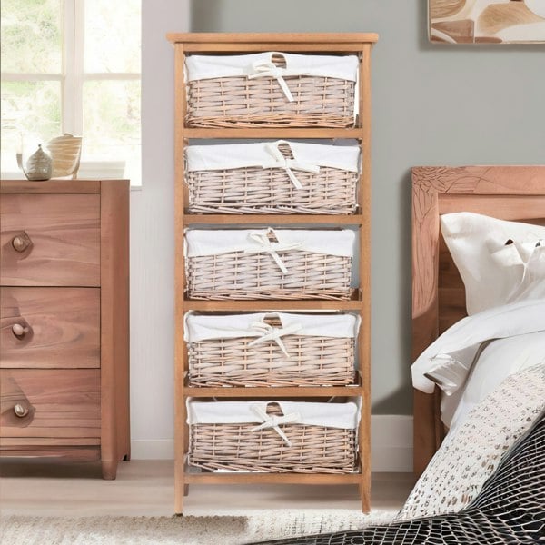 Rafaelo Mobilia 5 Drawer Wicker Basket Storage Unit Brown