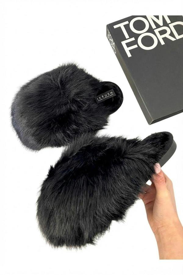 Mildred Fluffy Faux Fur Winter Sandals - Black_wb