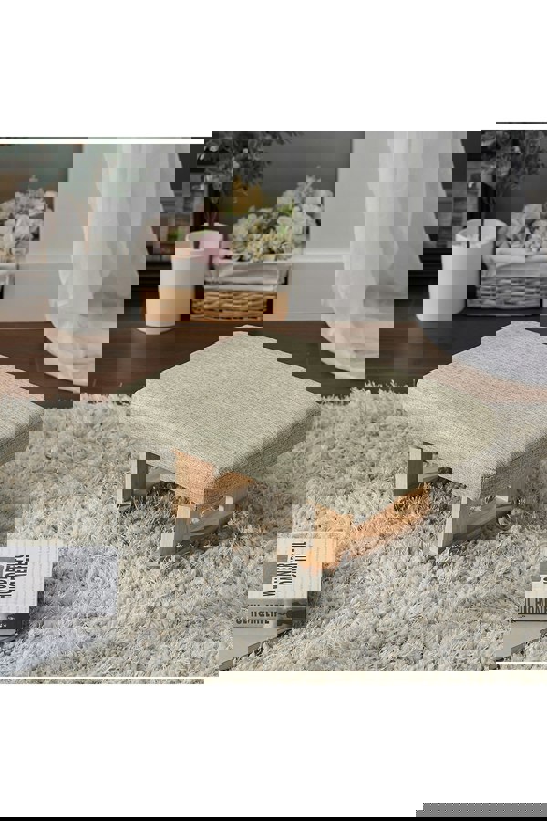 Living and Home Khaki Linen Upholstered Footstool with Wooden Legs