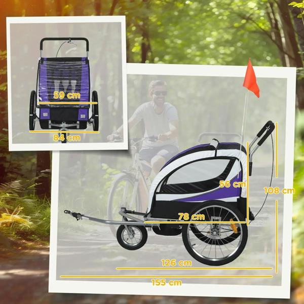 Purple baby bike trailer side view with safety flag and rear wheels