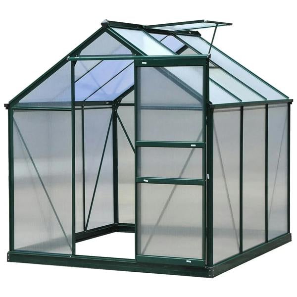 Dark green polycarbonate greenhouse with sliding door and window panels