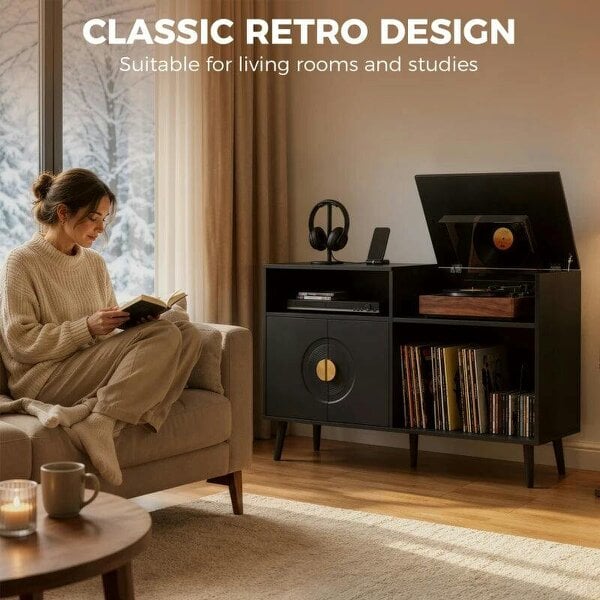 Bobobiy Record Player Stand, Vinyl Record Holder with Storage Holds Up to 300 Albums with Flip-Top Compartment, Black