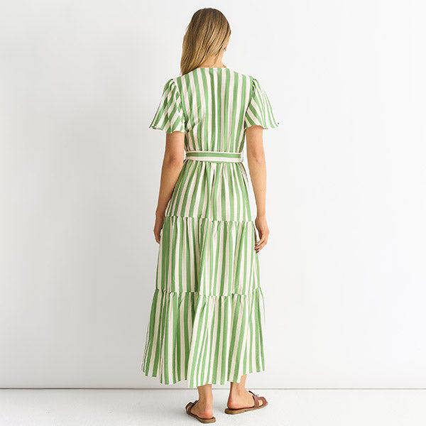 Gini London Sage Green Stripe Wrap Belted Viscose Midi Dress