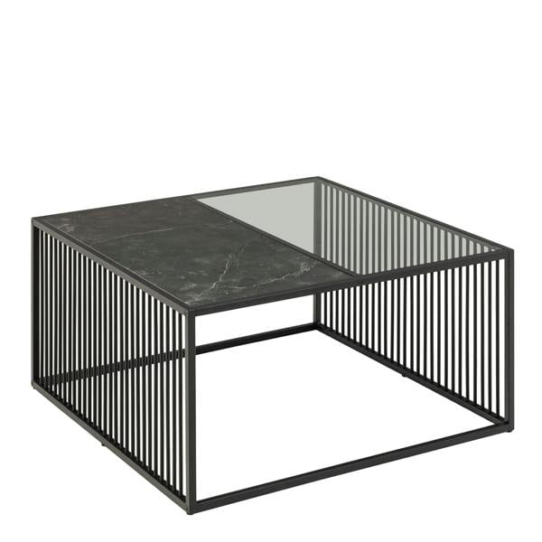 Wyld Haus Porto Black Metal Organic Square Coffee Table with Glass and Stone Effect Top