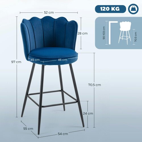 Wyld Haus Yovafi Set Of 2 Dark Blue Velvet Upholstered Lotus Style Bar Stools