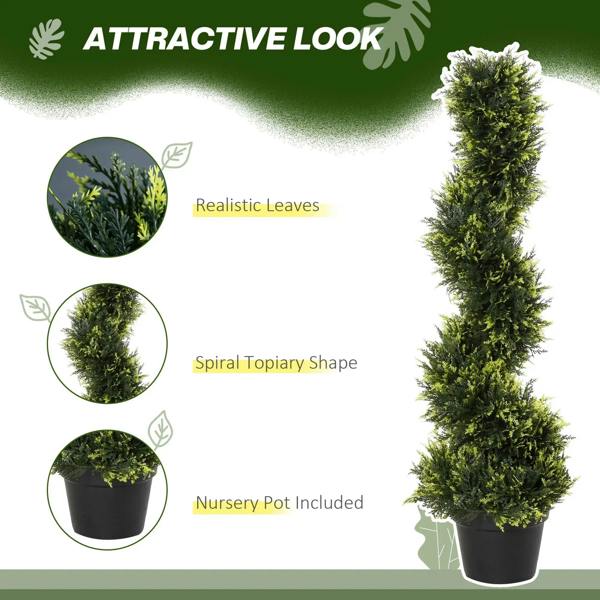 Green spiral artificial topiary tree with dense foliage in a black pot