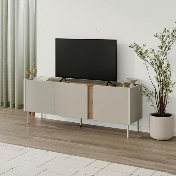 Decortie Modern 140cm TV Stand Unit Up to 50" TVs, 3 Soft-Close Door, 5 Storage Cabinet Shelves, Metal Legs