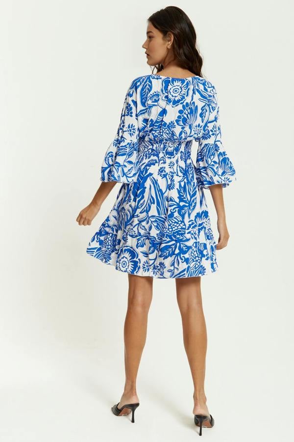 Hoxton Gal Oversized 3/4 Sleeves V Neck Detailed Floral Printed Mini Dress in Blue