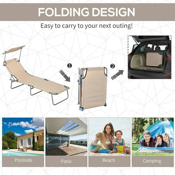 Foldable beige sun lounger with carry-ready design and gray frame