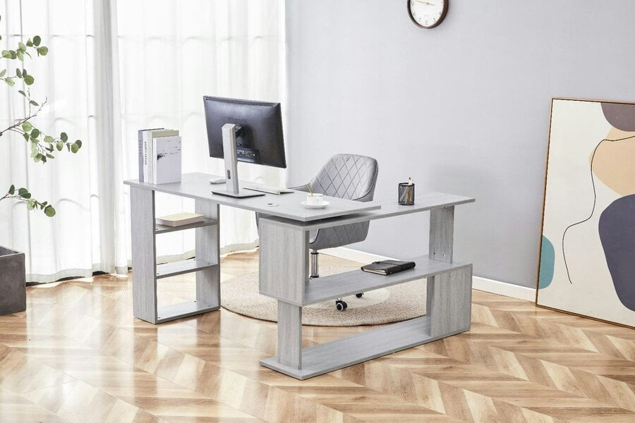 Kosy Koala Grey Office Desk L-Shaped with Storage Shelves Wooden Room Furniture for Home, Study, and Office