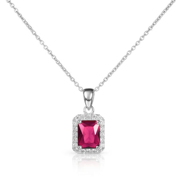 namana 925 Sterling Silver Emerald Cut Red Halo Pendant Necklace For Women