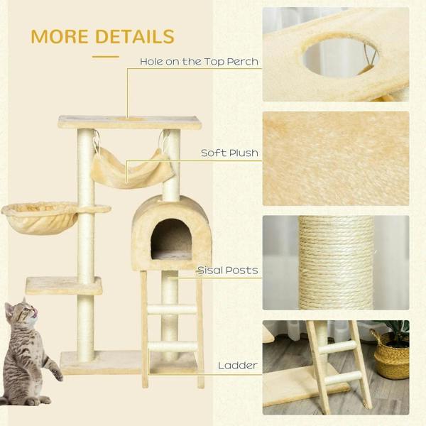 Beige cat tree tower details: soft plush surfaces, sisal-wrapped posts, ladder, top hold