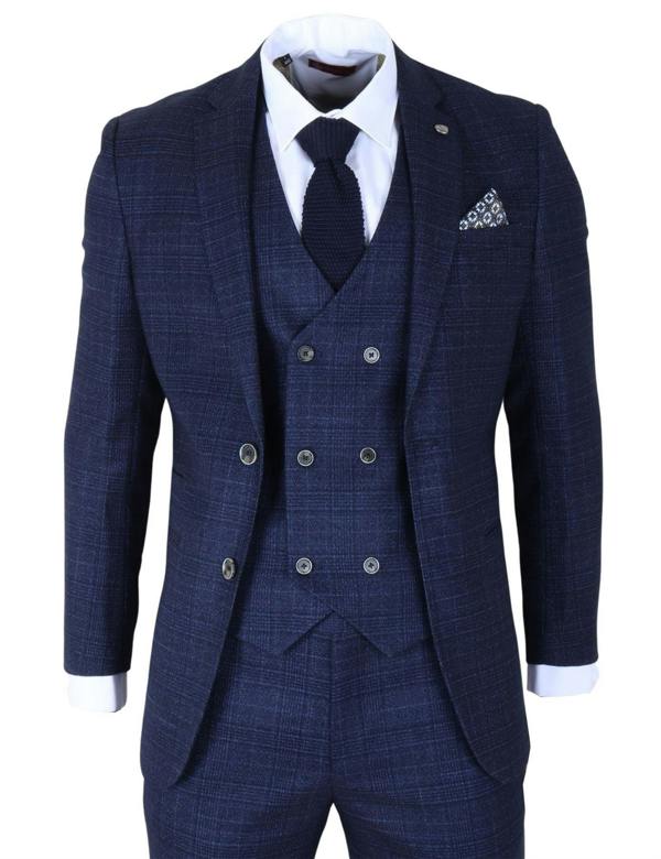 Infinity Leather Men's Blue Plaid Check 3 Piece Slim Fit Formal Wedding Suit