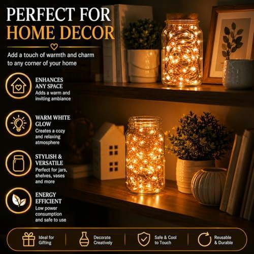 2M Warm White LED Copper Wire Fairy Lights, 20 Micro Rice LEDs, Battery Operated Indoor String Lights image 7