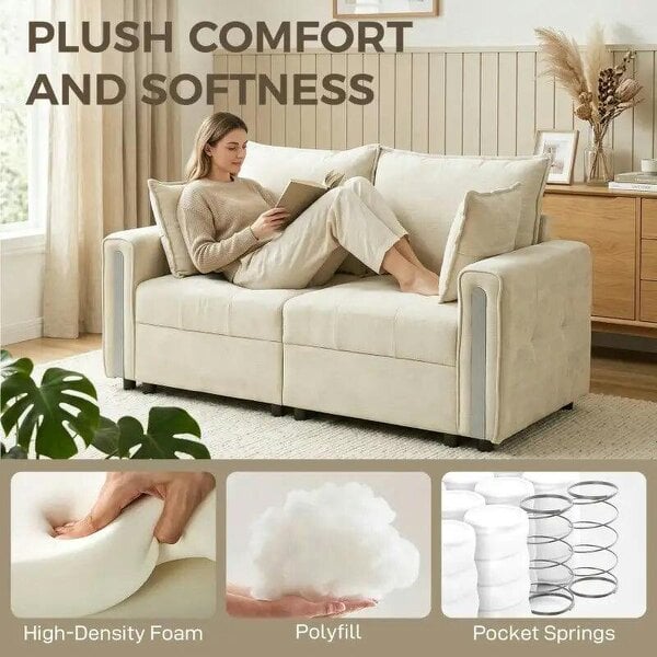 Bobobiy 2 Seater Sofa with Lift-Up Storage, 168 cm Comfy Velvet Small Couch with Wide Deep Seat, Plush Backrest, Thick Padding, 2 Pillows, Beige