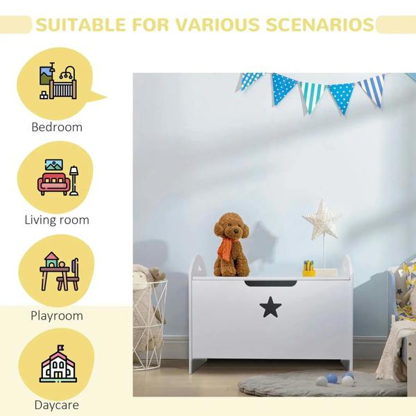 White kids toy storage box with star front panel and black pull handle