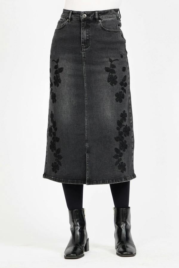 Mudflower Embroidered Floral Washed Black Denim Midi Skirt
