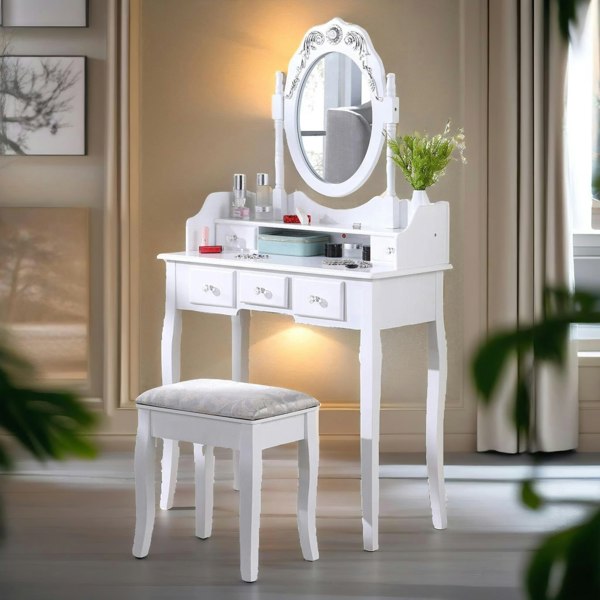 Rafaelo Mobilia 5 Drawer White Dressing Table With Mirror And Stool