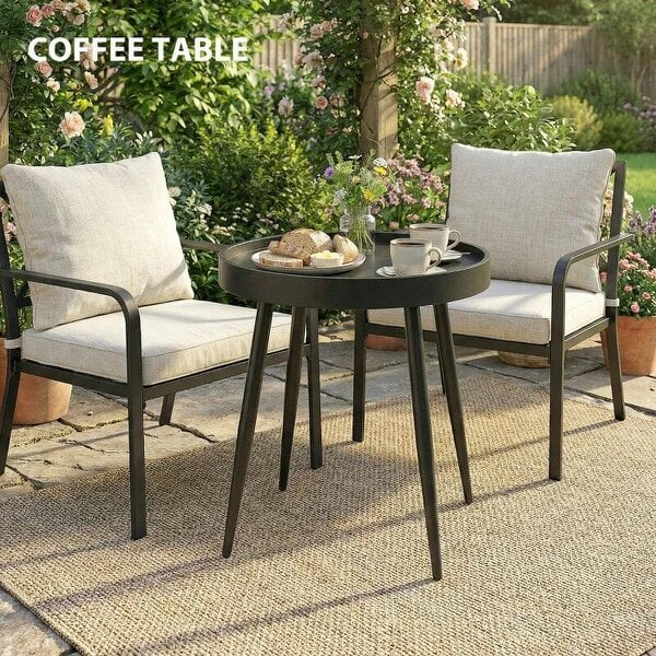 Bobobiy 49.5 cm Round Garden Table, Small Outdoor Coffee Side Table with Plastic Tray-Style Top, Metal Legs, Black