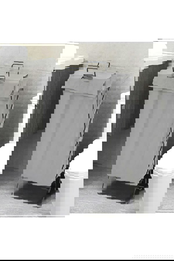 Living and Home Bathroom Collapsible PU Leather Laundry Hamper with Metal Frame Grey