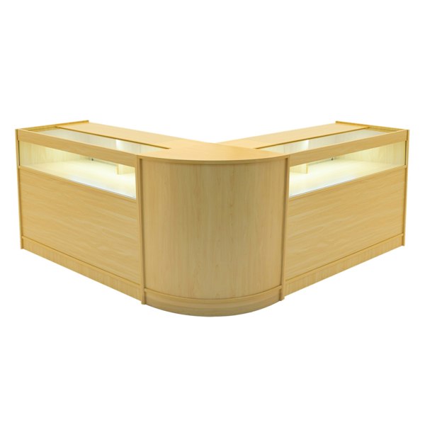 Maple Iris LED shop counter set featuring a sleek, modern design with two display sections and illuminated shelving for products