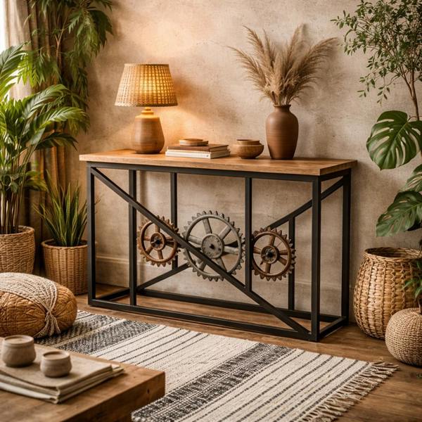 Wyld Haus Hanko Industrial Reclaimed Wood and Metal Cogs Console Table