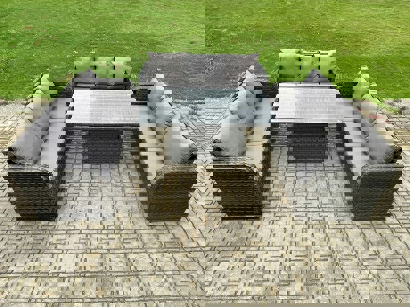 Fimous Patio Garden Dining Set Outdoor Rattan Furniture Lounge Sofa Height Adjustable Rising lifting Table Dark Grey Mixed
