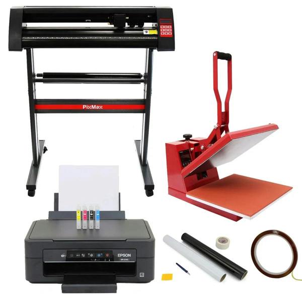38cm clam press, 720mm vinyl cutter, Epson printer, and weeding kit arranged together, showcasing red and black equipment with various tools and materials