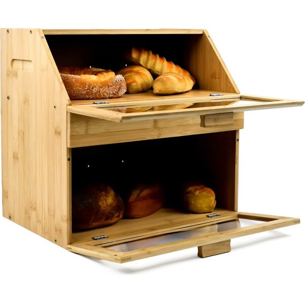 Large Bamboo 3 Compartment Bread Bin fully open with bread inside