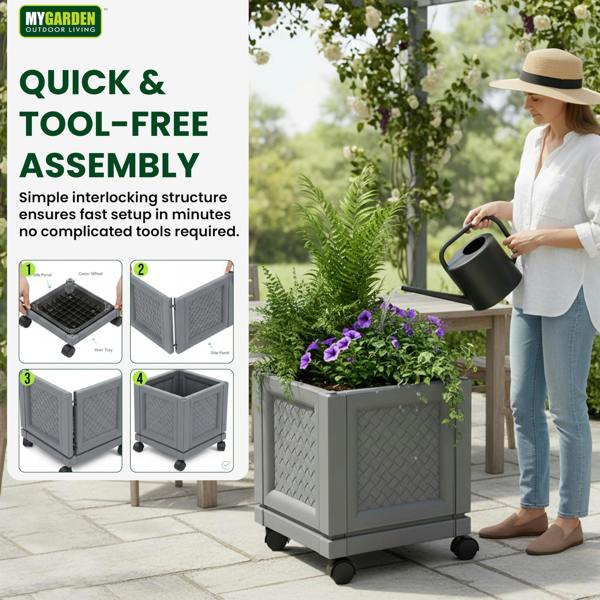 My Garden Outdoor Living My Garden Square Planter with Wheels - Rattan Style Plastic Garden Planter Pot for Indoor & Outdoor Use with Air Vent