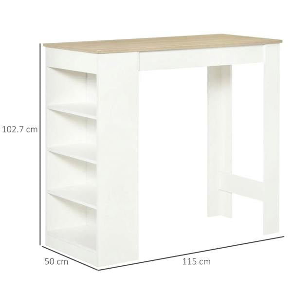 Bar table in white with natural wood top and side 4-tier shelving; includes size view.