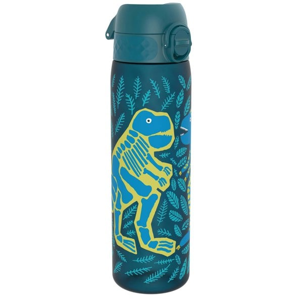A teal water bottle stands upright; it is decorated with dinosaur skeletons and leaves.