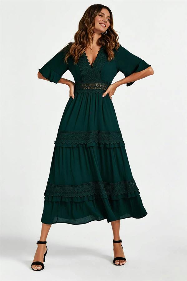 FS Collection V Neck Lace Detail Midi Dress In Forest Green