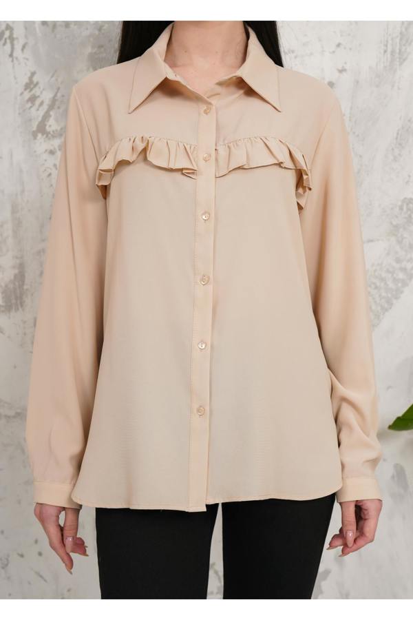 Hoxton Gal Oversized Frill Detailed Long Sleeves Blouse Shirt in Beige