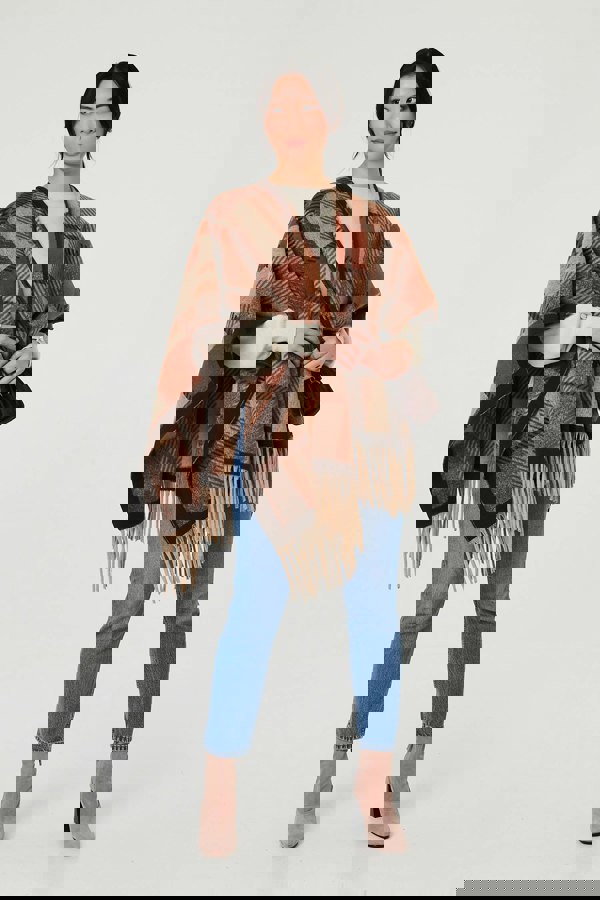 Beige | Checked Tassel Fringed Relaxed Poncho
