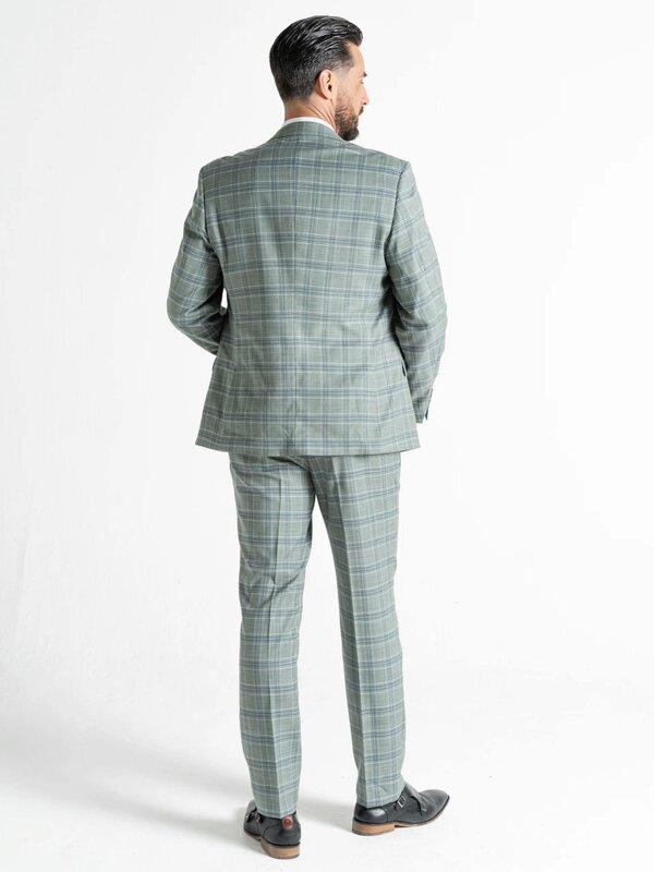 V2 Classic Kensignton Three Piece Suit - Olive with White and Blue Checks
