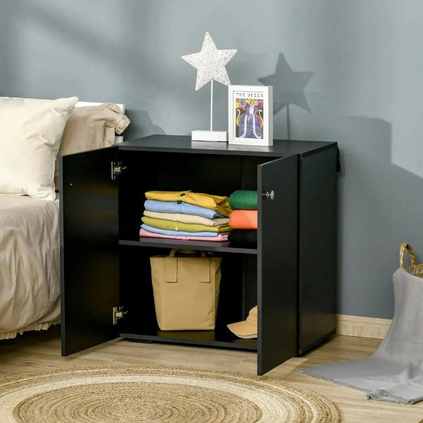 Black freestanding cabinet with open doors showing shelves and storage space