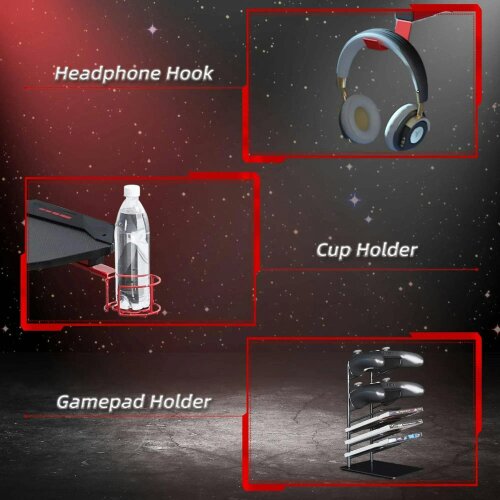 122 x 66 cm Gaming Desk, Carbon Fibre Covered Computer Desk, Gamer Workstation - Headphone Hook, Cup Holder & Gamepad Storage Rack