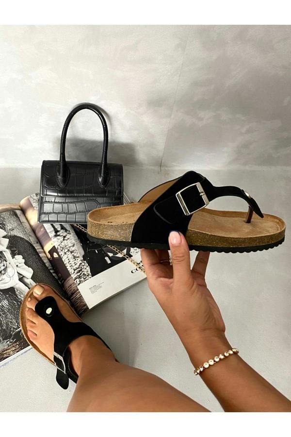 Dayana T-strap Slip On Flat Thong Sandals - Black