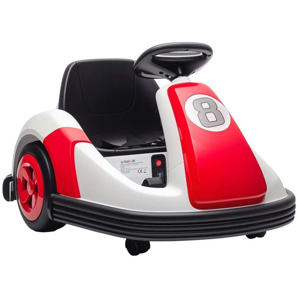 Kids electric bumper car in red and white, number 8 badge, black seat and steering