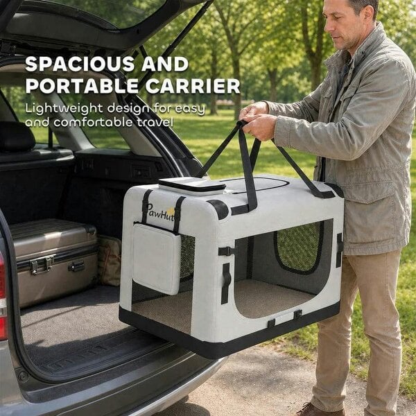 Pet Carrier Bag, Soft-Sided Dog Carrier with Security Buckle Strap, Washable Cushion and Folded Bowl, Light Grey