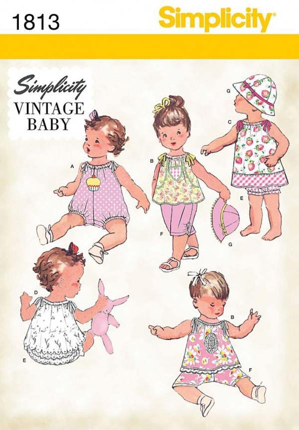 Simplicity Sewing Pattern 1813, Dresses, Headwear, Trousers, Jumpsuits, Shorts, Tops, Vintage Style for Baby, XXS-XS-S-M-L - Intermediate