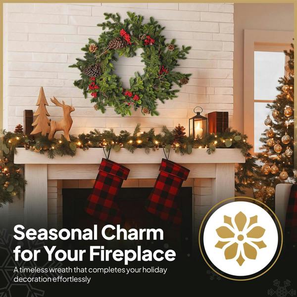 60cm Green Fir Christmas Wreath with Berries and Pine Cones, PE Artificial Door Decoration image 5