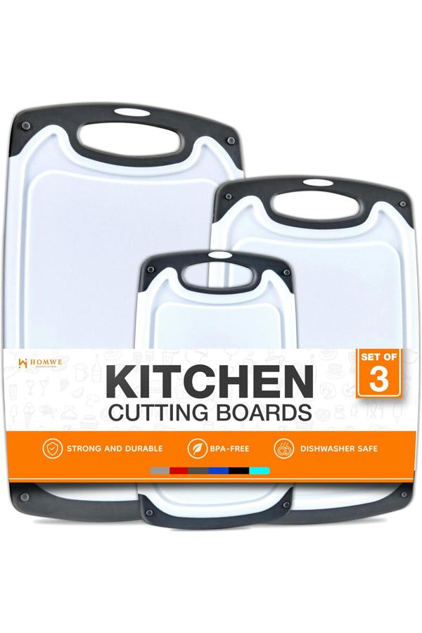 Dyzi 3 Piece Non Slip Plastic Chopping Board Set Grey Kitchen Boards