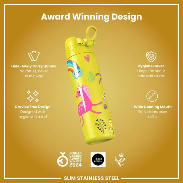 ION8 Leak Proof Slim Water Bottle, Stainless Steel, Yellow Unicorns, 600ml (20oz)