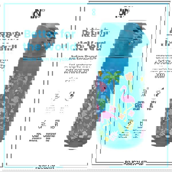 A blue water bottle, featuring flamingos and tropical plants, sits against a white background; it is made from a plant-based polymer.