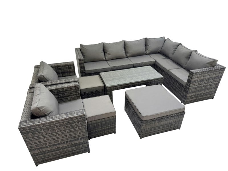 Fimous Outdoor Rattan Oblong Coffee Table Corner Sofa Sets Garden Furniture Set with 2 Chairs 2 Small Stools Dark Grey Mixed