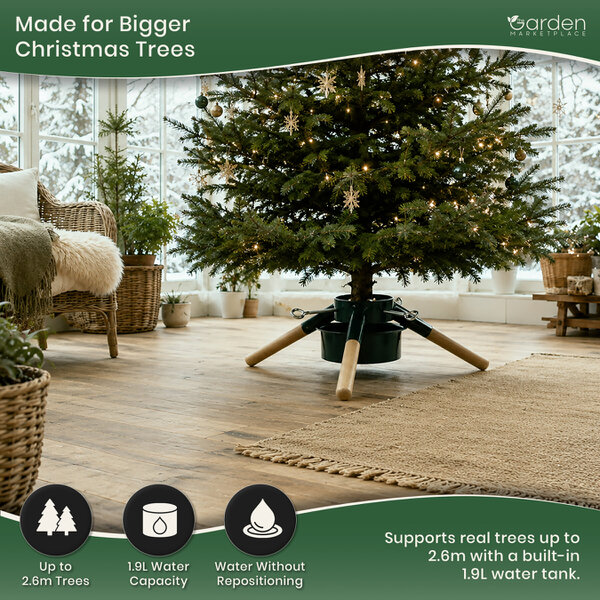 Large Modern Spruce Christmas Tree Stand, Green Metal Base with Wooden Legs, Water Reservoir, Adjustable Clamps for Trees up to 2.6m