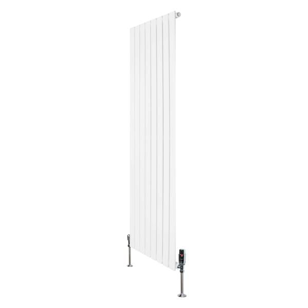 Flat single column radiator in white, measuring 1600mm x 560mm, featuring sleek vertical lines and chrome valves for modern decor