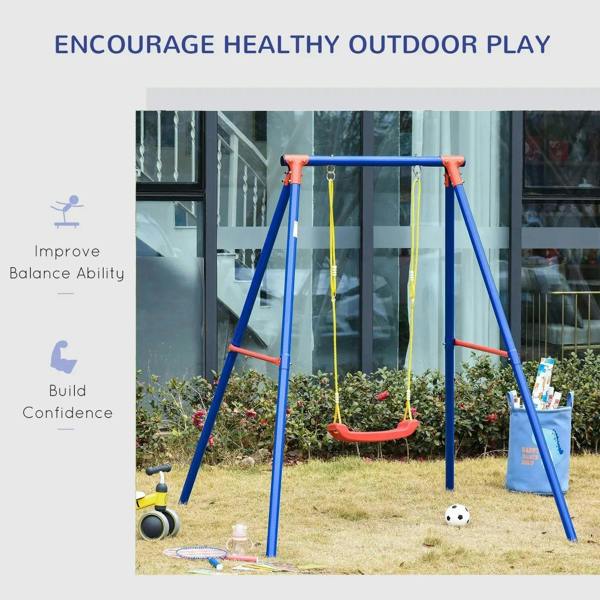 Kids outdoor swing set on blue A-frame with red seats and hanging yellow ropes